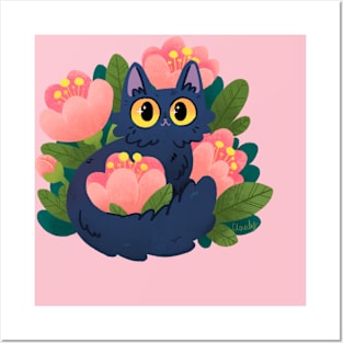 Cat with pink flowers Posters and Art